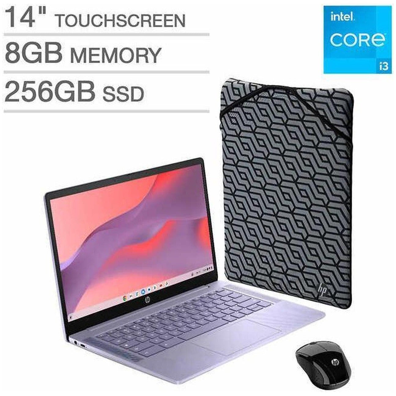 HP Chromebook Plus 14" Touch FHD Laptop i3-N305 8GB RAM 256GB Flash Chrome OS – Bundle with Wireless Mouse & Sleeve – Silver