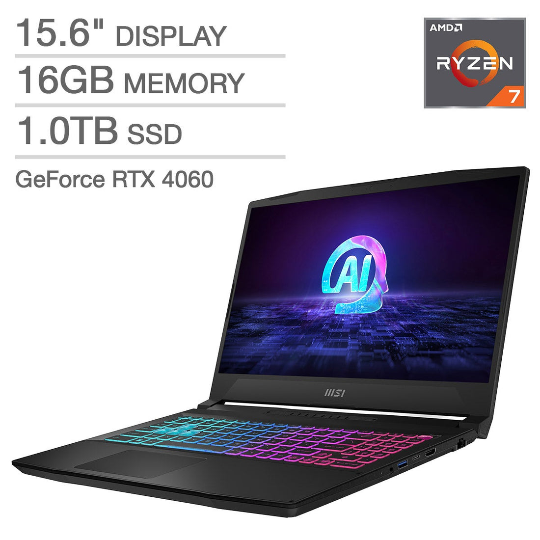 لابتوب الألعاب MSI Katana A15 بحجم 15.6 بوصة – معالج AMD Ryzen 7-8845HS، وذاكرة وصول عشوائي (RAM) سعة 16 جيجابايت، وSSD سعة 1 تيرابايت، وبطاقة رسومات GeForce RTX 4060 بذاكرة 8 جيجابايت – ويندوز 11 هوم – أسود