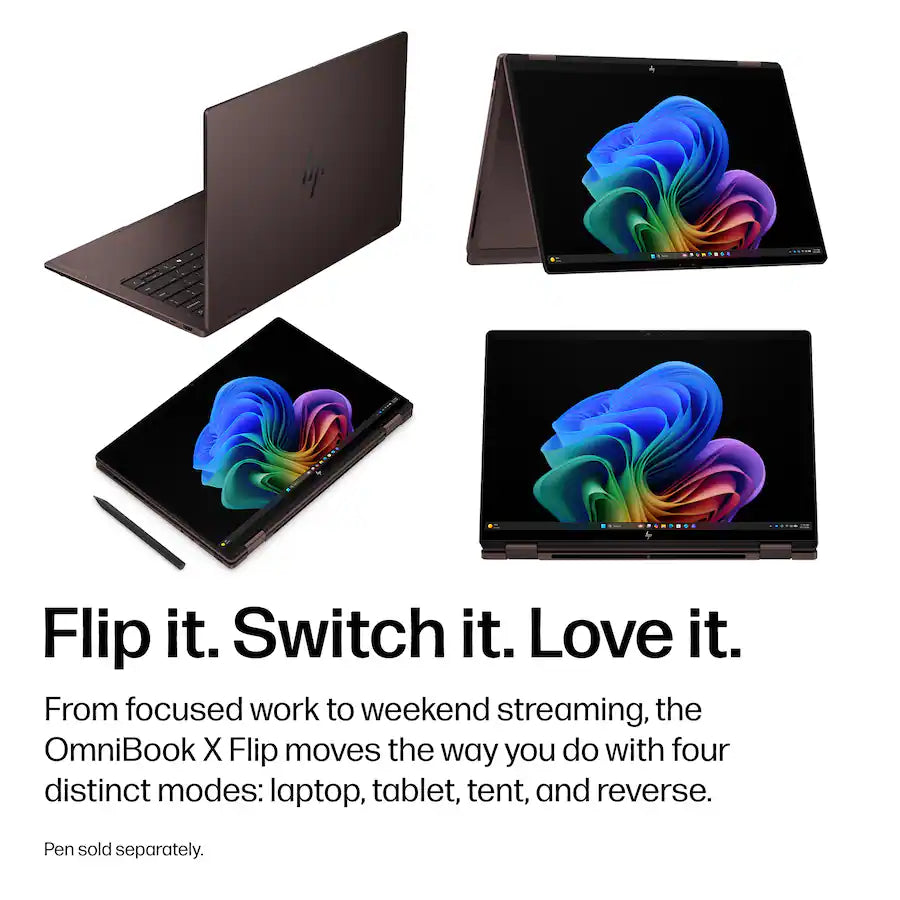 لابتوب HP OmniBook X Flip 2 في 1 بشاشة لمس OLED بدقة 2K مقاس 14 بوصة وCopilot+ – معالج AMD Ryzen AI 5 430، وذاكرة RAM بسعة 16 جيجابايت، وقرص SSD بسعة 512 جيجابايت – إسبراسو داكن
