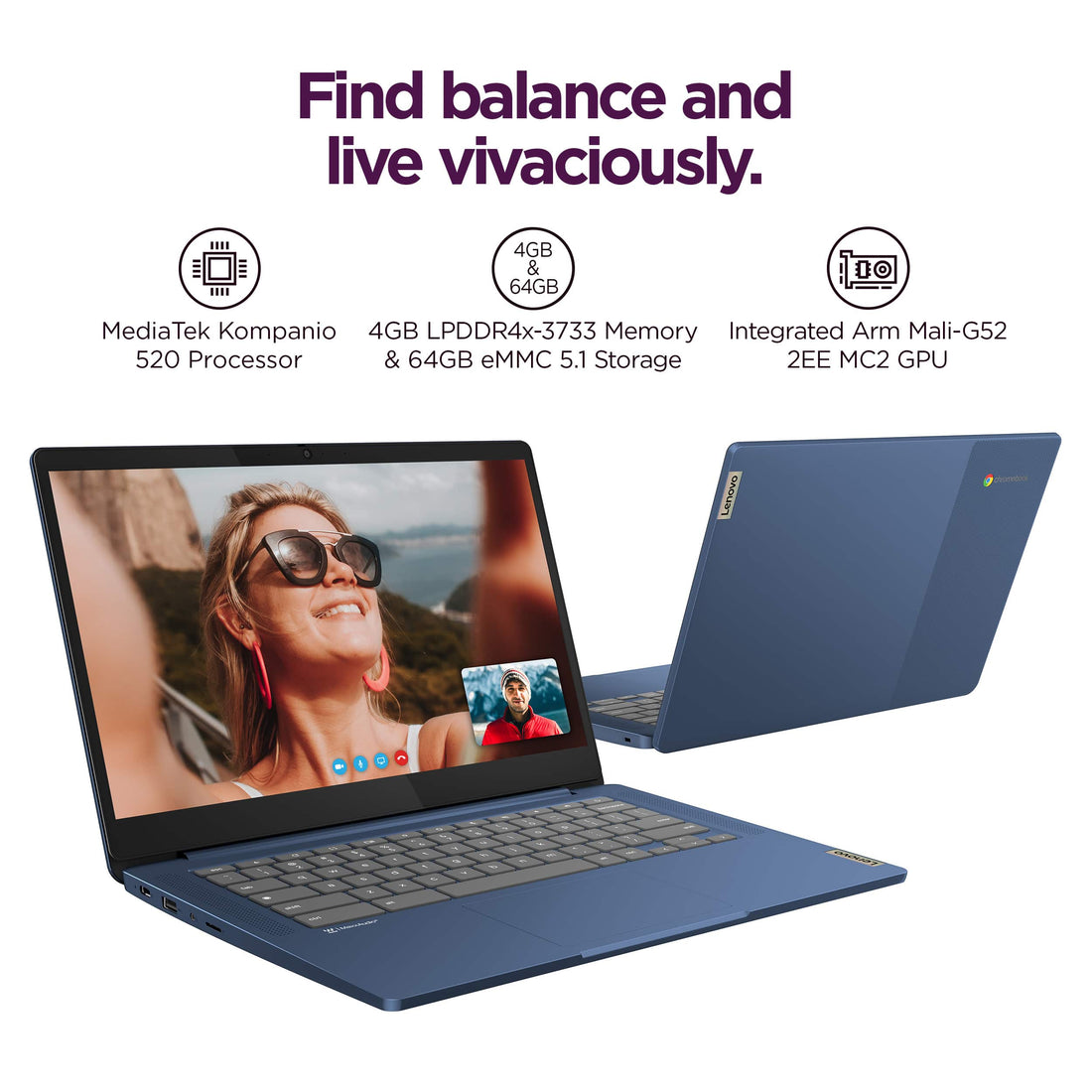 Lenovo IdeaPad Slim 3 Chromebook 14" Laptop, MediaTek, 4GB RAM, 64GB eMMC, Chrome OS, Abyss Blue - International Version