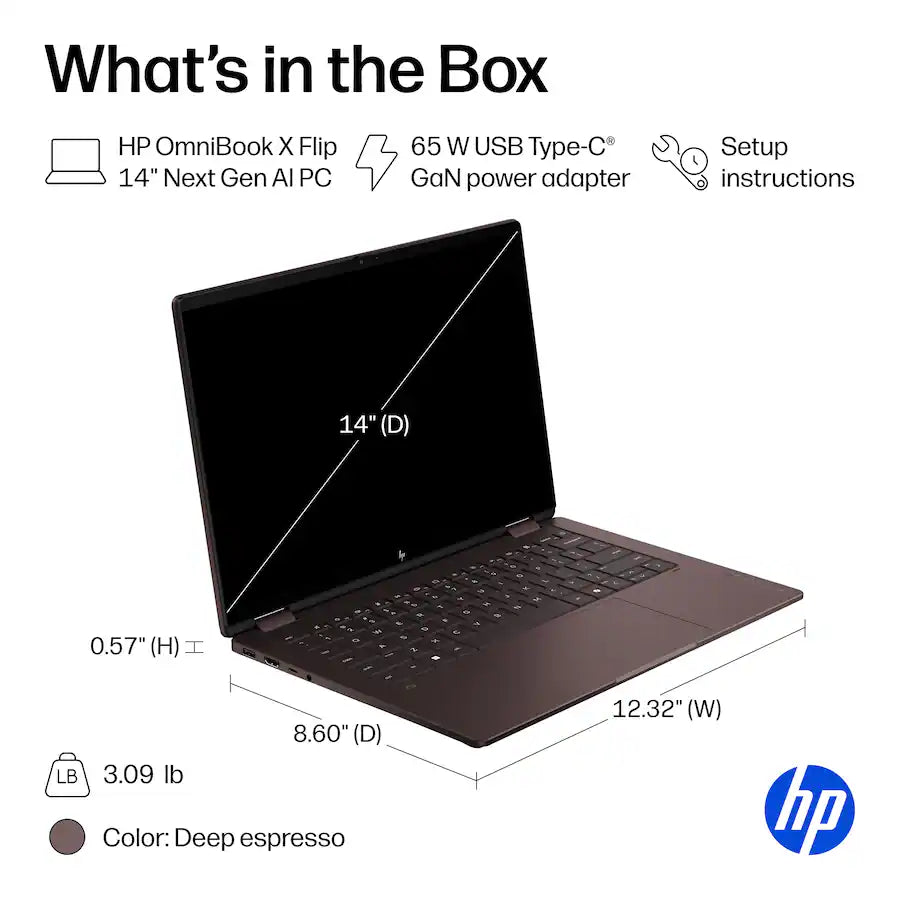 لابتوب HP OmniBook X Flip 2 في 1 بشاشة لمس OLED بدقة 2K مقاس 14 بوصة وCopilot+ – معالج AMD Ryzen AI 5 430، وذاكرة RAM بسعة 16 جيجابايت، وقرص SSD بسعة 512 جيجابايت – إسبراسو داكن