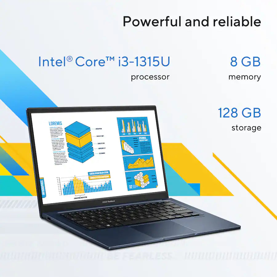 لابتوب ايسوس فيفو بوك 14 – معالج Intel Core i3-1315U، ذاكرة 8 جيجابايت DDR4، سعة تخزين 128 جيجابايت SSD، شاشة 14 بوصة FHD مضادة للتوهج، Wi-Fi 5، ويندوز 11 هوم – أزرق هادئ