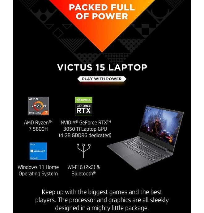 لابتوب الألعاب HP Victus 15.6 بوصة، معالج Ryzen 7 5800H، ذاكرة وصول عشوائي 16 جيجابايت، قرص صلب SSD سعة 1 تيرابايت، بطاقة رسومات RTX 3050 Ti، شاشة 144 هرتز FHD، ويندوز 11 – رمادي