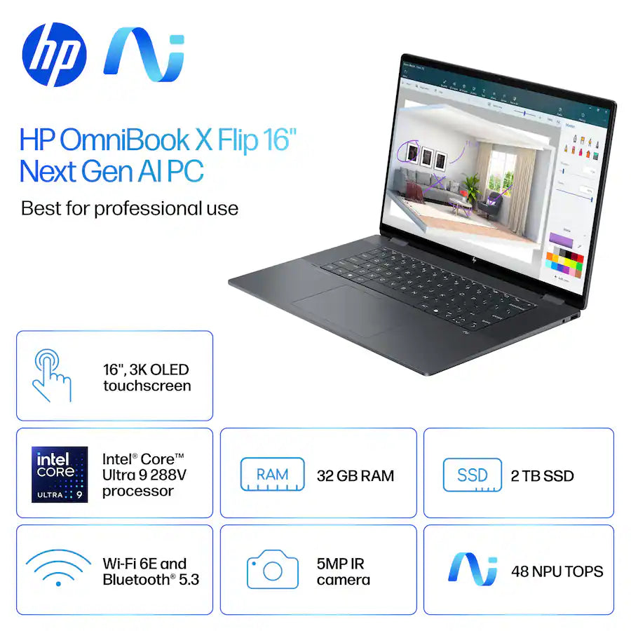 HP - OmniBook X Flip - Copilot+ PC - 16" 3K OLED Touch-Screen Laptop - Intel Core Ultra 9 288V 2024 - 32GB Memory - 2TB SSD - Eclipse Gray