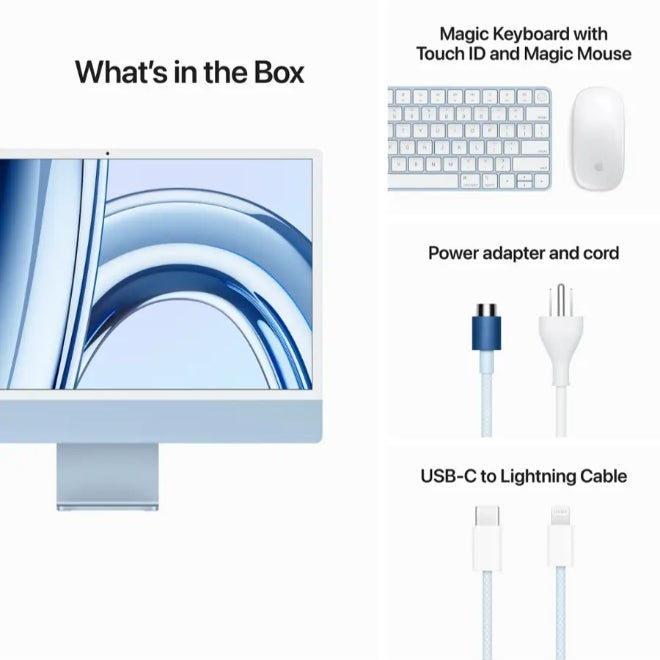 Apple iMac 24" Retina Display – شريحة M3، ذاكرة وصول عشوائي 8 جيجابايت، قرص SSD سعة 256 جيجابايت – أزرق (يشمل لوحة مفاتيح Magic وماوس)