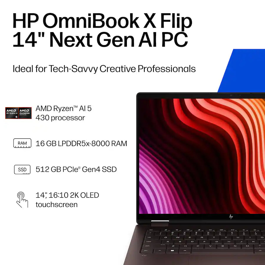 لابتوب HP OmniBook X Flip 2 في 1 بشاشة لمس OLED بدقة 2K مقاس 14 بوصة وCopilot+ – معالج AMD Ryzen AI 5 430، وذاكرة RAM بسعة 16 جيجابايت، وقرص SSD بسعة 512 جيجابايت – إسبراسو داكن