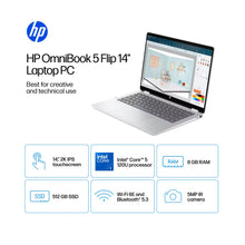 HP OmniBook 5 Flip 2-in-1 Laptop With 14-Inch 2K Touch-Screen Display, Intel Core 5 Processor/8GB RAM/512GB SSD/Intel Arc Graphics/Windows 11 Home English Glacier Silver