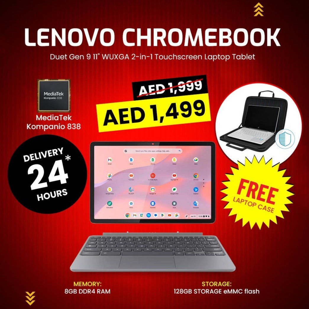 جهاز كمبيوتر محمول Lenovo Chromebook Duet Gen 9 بشاشة لمس WUXGA مقاس 11 بوصة 2 في 1 – MediaTek Kompanio 838، ذاكرة وصول عشوائي (RAM) سعة 8 جيجابايت، وذاكرة eMMC سعة 128 جيجابايت، ونظام تشغيل Chrome OS، وقلم USI 2 ولوحة مفاتيح - لون رمادي لونا
